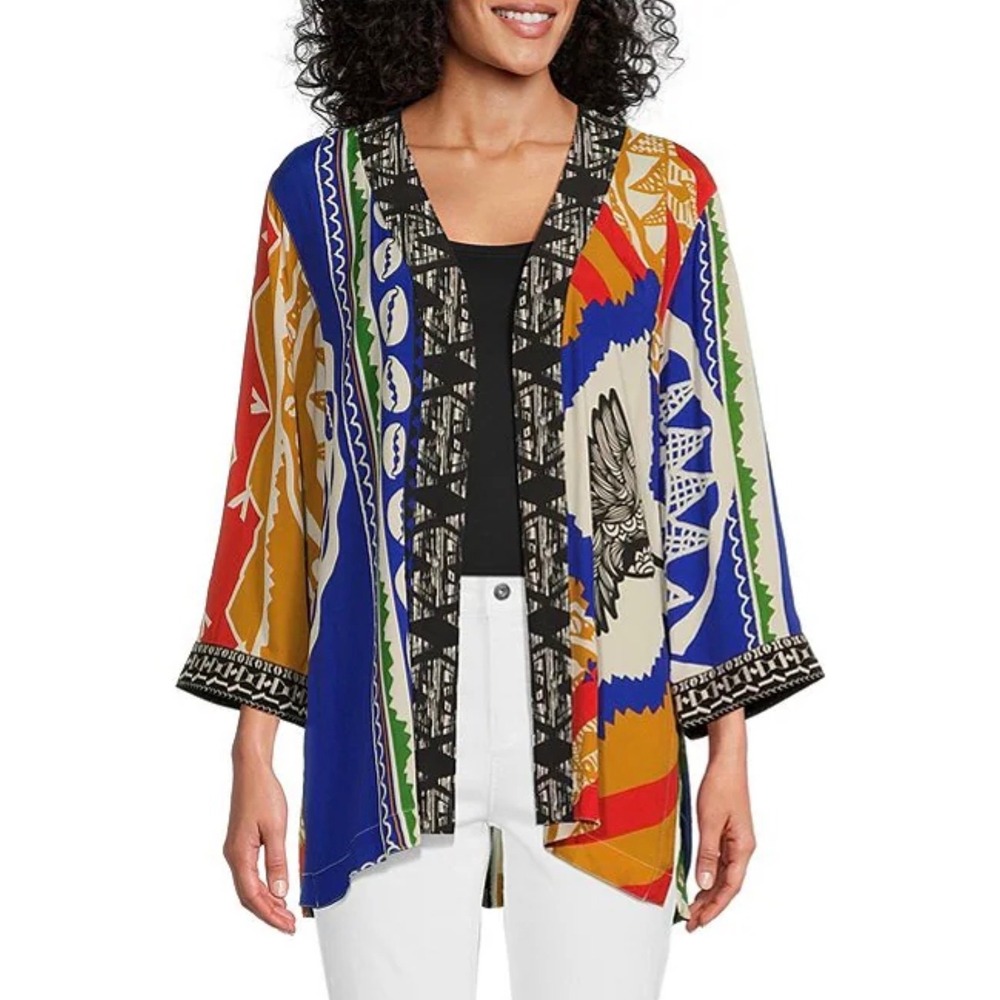 John Mark XL Colorful Bird Print Patchwork Kimono Duster Boho Art to Wear